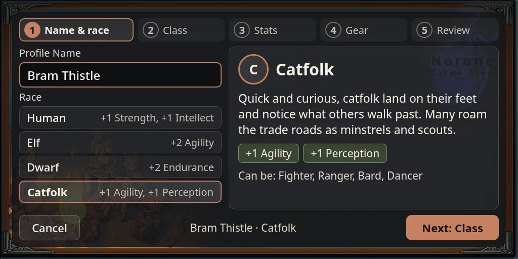 Character creation, first step: a name, a list of races with their bonuses, and the chosen race's description