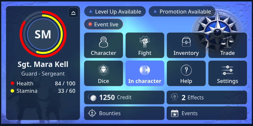 The HUD's Home screen with a portrait ring and large tile buttons, in a blue theme