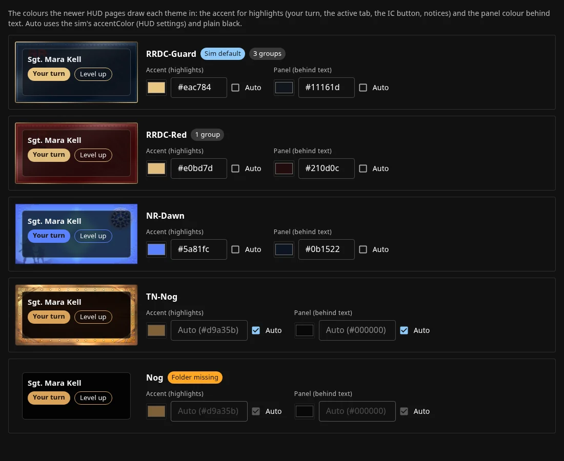 The website's theme editor: each HUD theme with its highlight and panel colours